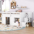 White Twin Solid Wood Low Loft Bed with Stair & Drawer