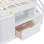 White Twin Solid Wood Low Loft Bed with Stair & Drawer