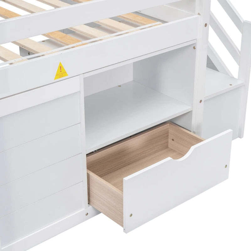 White Twin Solid Wood Low Loft Bed with Stair & Drawer