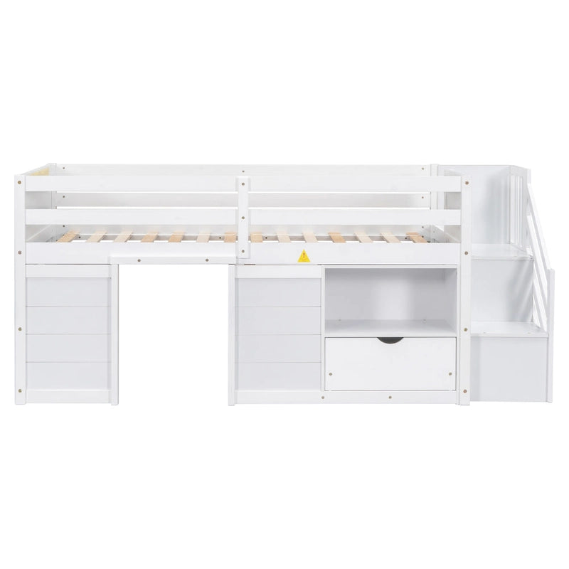 White Twin Solid Wood Low Loft Bed with Stair & Drawer