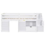 White Twin Solid Wood Low Loft Bed with Stair & Drawer