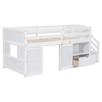 White Twin Solid Wood Low Loft Bed with Stair & Drawer