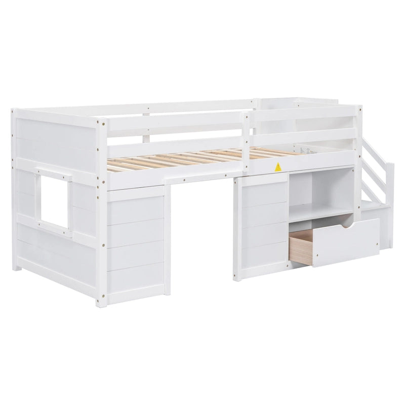White Twin Solid Wood Low Loft Bed with Stair & Drawer