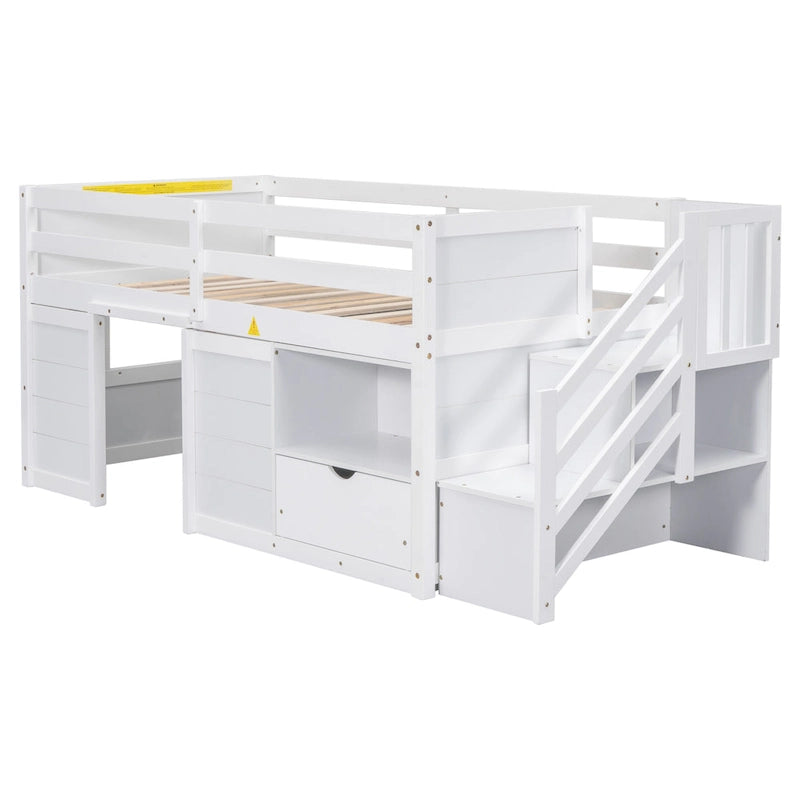 White Twin Solid Wood Low Loft Bed with Stair & Drawer