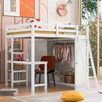 Full Pine Loft Bed with Wardrobe, Desk, Shelves, and Guardrail