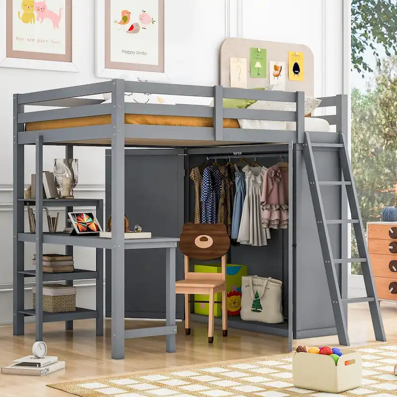 Full Pine Loft Bed with Wardrobe, Desk, Shelves, and Guardrail