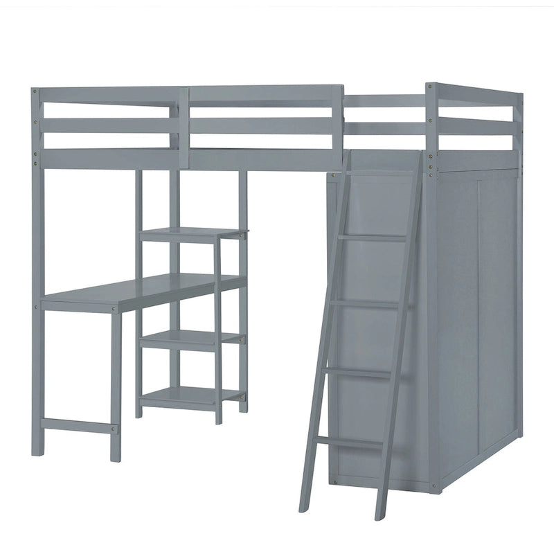 Full Pine Loft Bed with Wardrobe, Desk, Shelves, and Guardrail