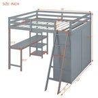 Full Pine Loft Bed with Wardrobe, Desk, Shelves, and Guardrail