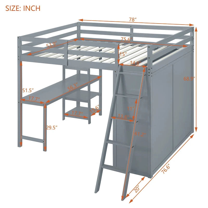 Full Pine Loft Bed with Wardrobe, Desk, Shelves, and Guardrail