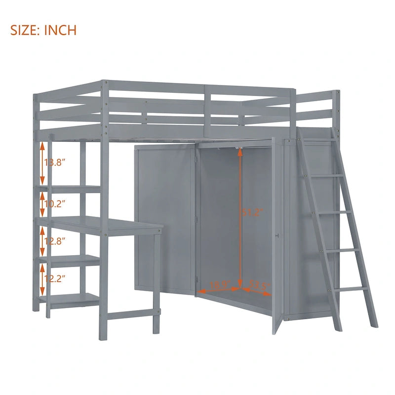 Full Pine Loft Bed with Wardrobe, Desk, Shelves, and Guardrail