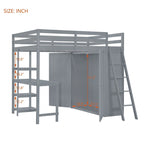 Full Pine Loft Bed with Wardrobe, Desk, Shelves, and Guardrail