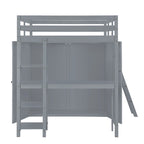 Full Pine Loft Bed with Wardrobe, Desk, Shelves, and Guardrail