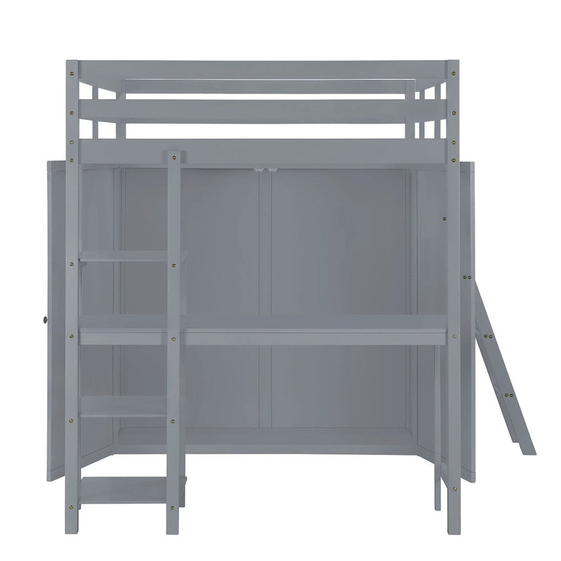 Full Pine Loft Bed with Wardrobe, Desk, Shelves, and Guardrail