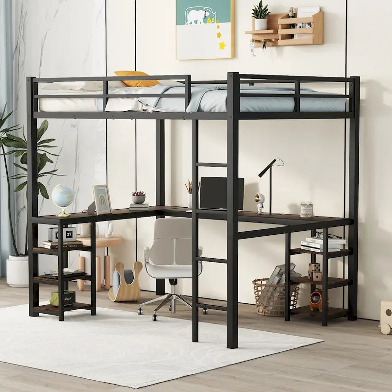 Full Metal Loft Bed with Desk & Shelves