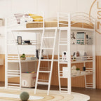 Metal Loft Bed with Shelves, L-Shaped Desk, Sockets, USB Ports, Wireless Charging