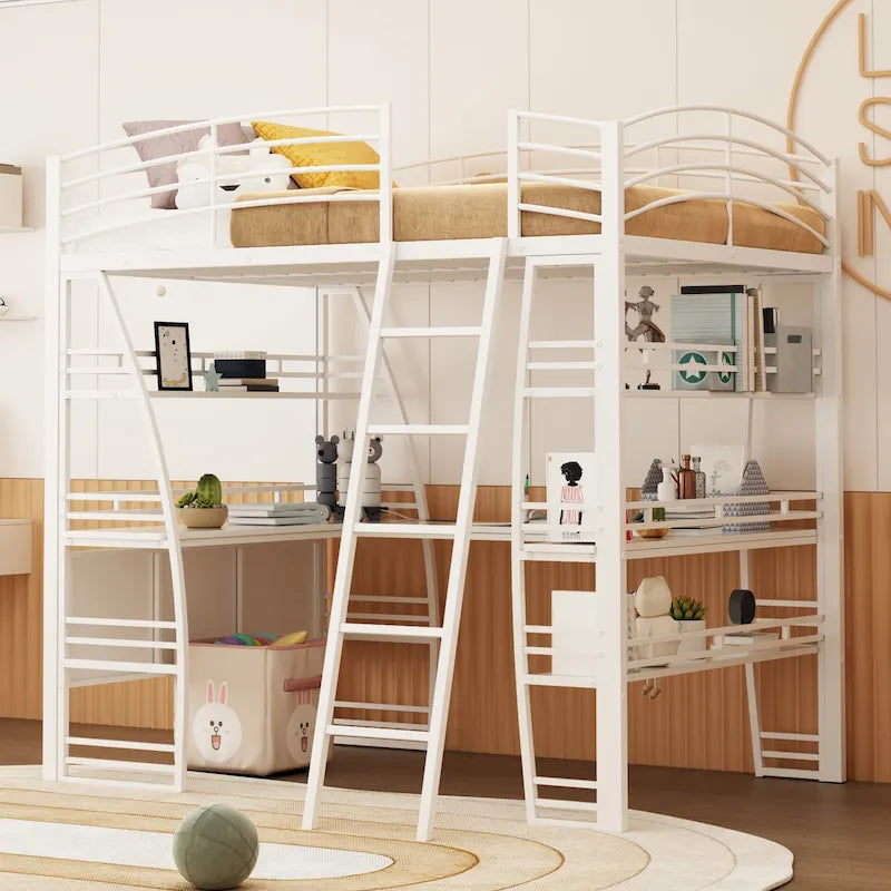 Metal Loft Bed with Shelves, L-Shaped Desk, Sockets, USB Ports, Wireless Charging