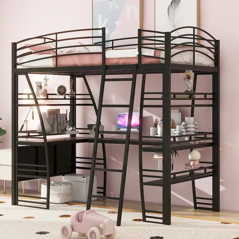 Metal Loft Bed with Shelves, L-Shaped Desk, Sockets, USB Ports, Wireless Charging