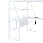 Metal Loft Bed with Shelves, L-Shaped Desk, Sockets, USB Ports, Wireless Charging