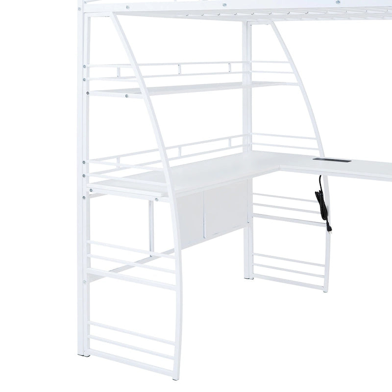 Metal Loft Bed with Shelves, L-Shaped Desk, Sockets, USB Ports, Wireless Charging