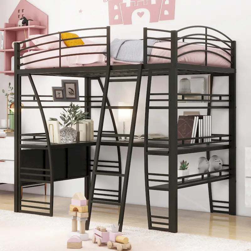 Metal Loft Bed with Shelves, L-Shaped Desk, Sockets, USB Ports, Wireless Charging