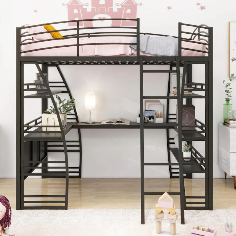 Metal Loft Bed with Shelves, L-Shaped Desk, Sockets, USB Ports, Wireless Charging