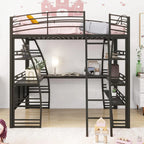 Metal Loft Bed with Shelves, L-Shaped Desk, Sockets, USB Ports, Wireless Charging