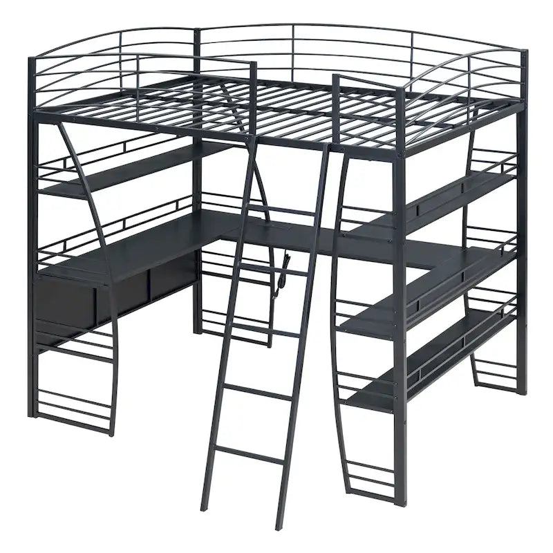Metal Loft Bed with Shelves, L-Shaped Desk, Sockets, USB Ports, Wireless Charging