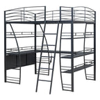 Metal Loft Bed with Shelves, L-Shaped Desk, Sockets, USB Ports, Wireless Charging
