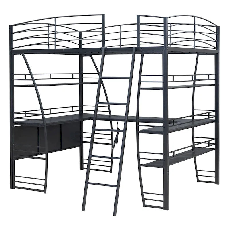 Metal Loft Bed with Shelves, L-Shaped Desk, Sockets, USB Ports, Wireless Charging