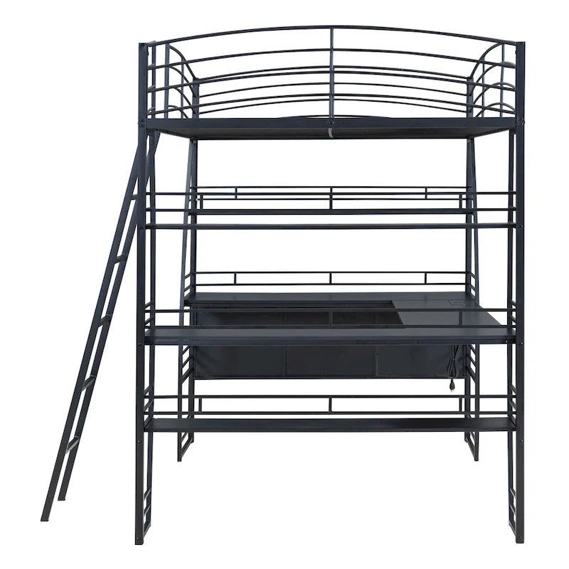 Metal Loft Bed with Shelves, L-Shaped Desk, Sockets, USB Ports, Wireless Charging
