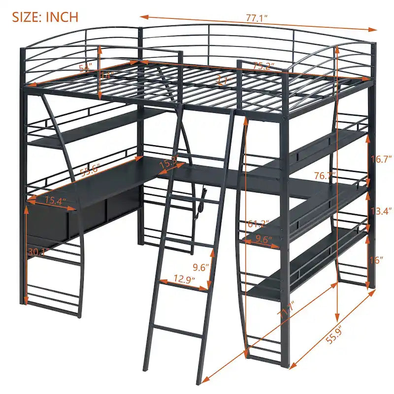 Metal Loft Bed with Shelves, L-Shaped Desk, Sockets, USB Ports, Wireless Charging