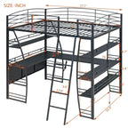 Metal Loft Bed with Shelves, L-Shaped Desk, Sockets, USB Ports, Wireless Charging