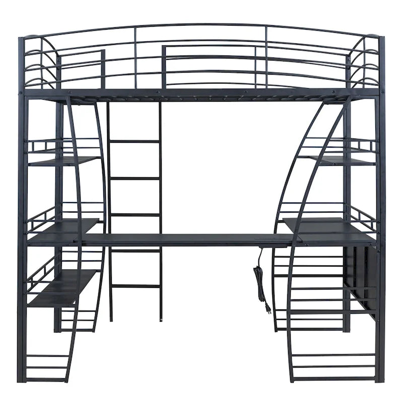 Metal Loft Bed with Shelves, L-Shaped Desk, Sockets, USB Ports, Wireless Charging