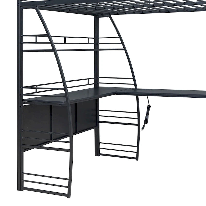 Metal Loft Bed with Shelves, L-Shaped Desk, Sockets, USB Ports, Wireless Charging