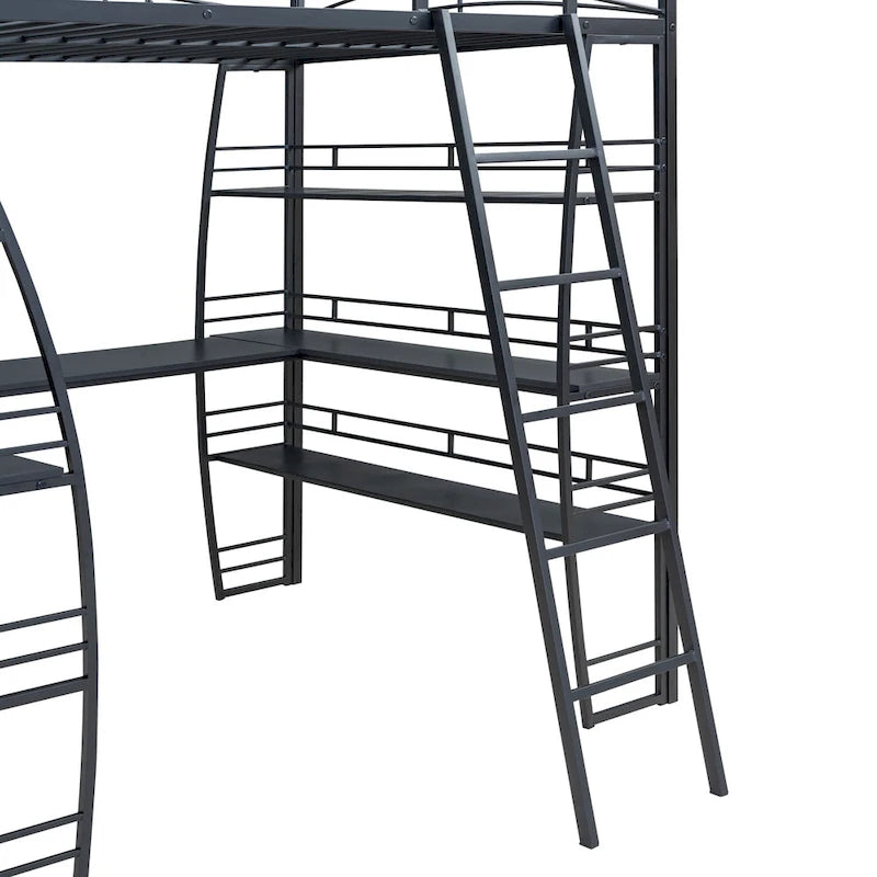 Metal Loft Bed with Shelves, L-Shaped Desk, Sockets, USB Ports, Wireless Charging