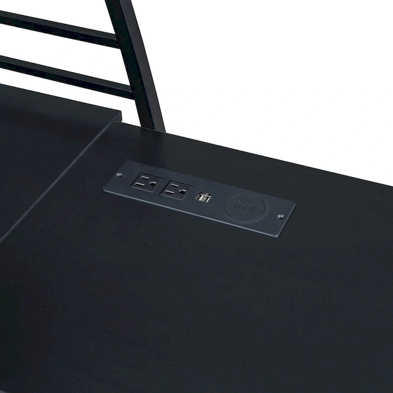 Metal Loft Bed with Shelves, L-Shaped Desk, Sockets, USB Ports, Wireless Charging