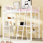Metal Loft Bed with Shelves, L-Shaped Desk, Sockets, USB Ports, Wireless Charging