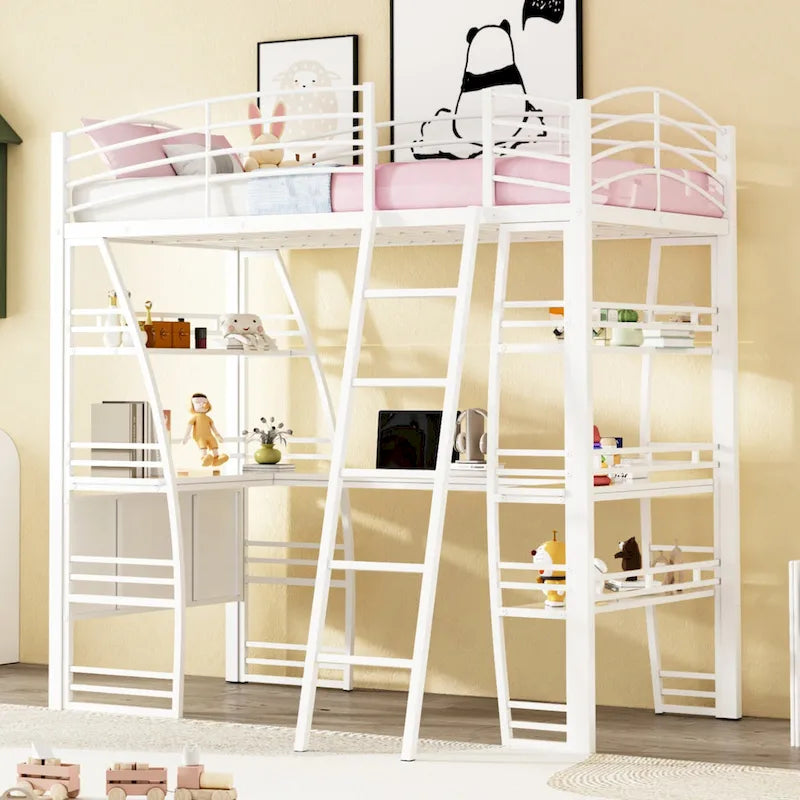 Metal Loft Bed with Shelves, L-Shaped Desk, Sockets, USB Ports, Wireless Charging