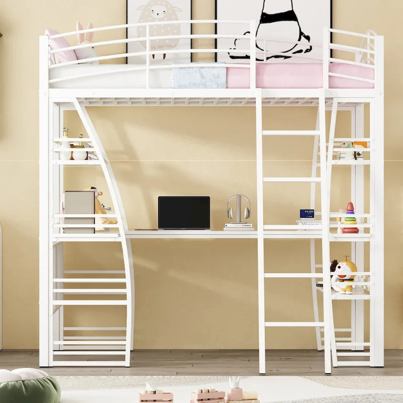 Metal Loft Bed with Shelves, L-Shaped Desk, Sockets, USB Ports, Wireless Charging