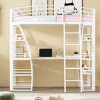 Metal Loft Bed with Shelves, L-Shaped Desk, Sockets, USB Ports, Wireless Charging