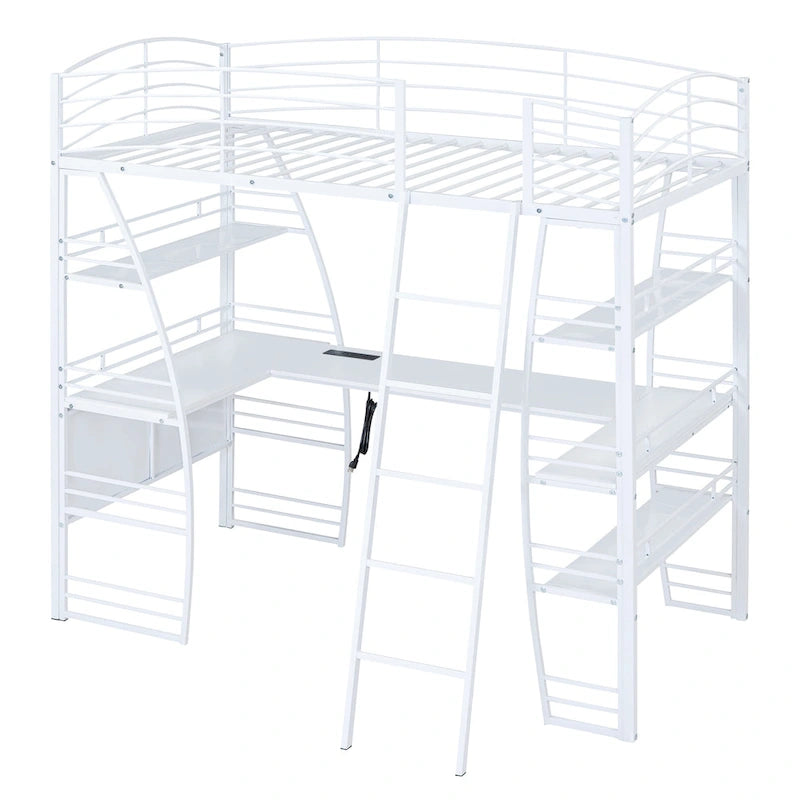 Metal Loft Bed with Shelves, L-Shaped Desk, Sockets, USB Ports, Wireless Charging