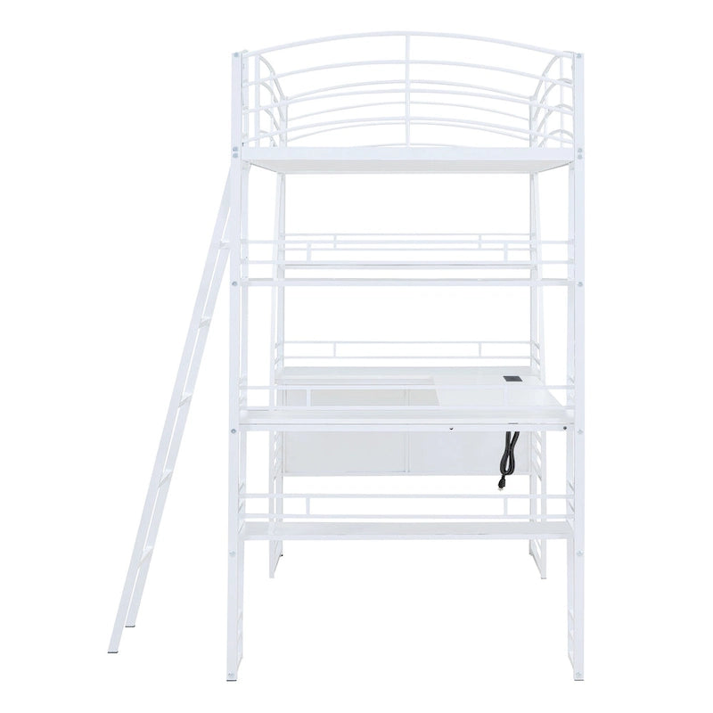 Metal Loft Bed with Shelves, L-Shaped Desk, Sockets, USB Ports, Wireless Charging