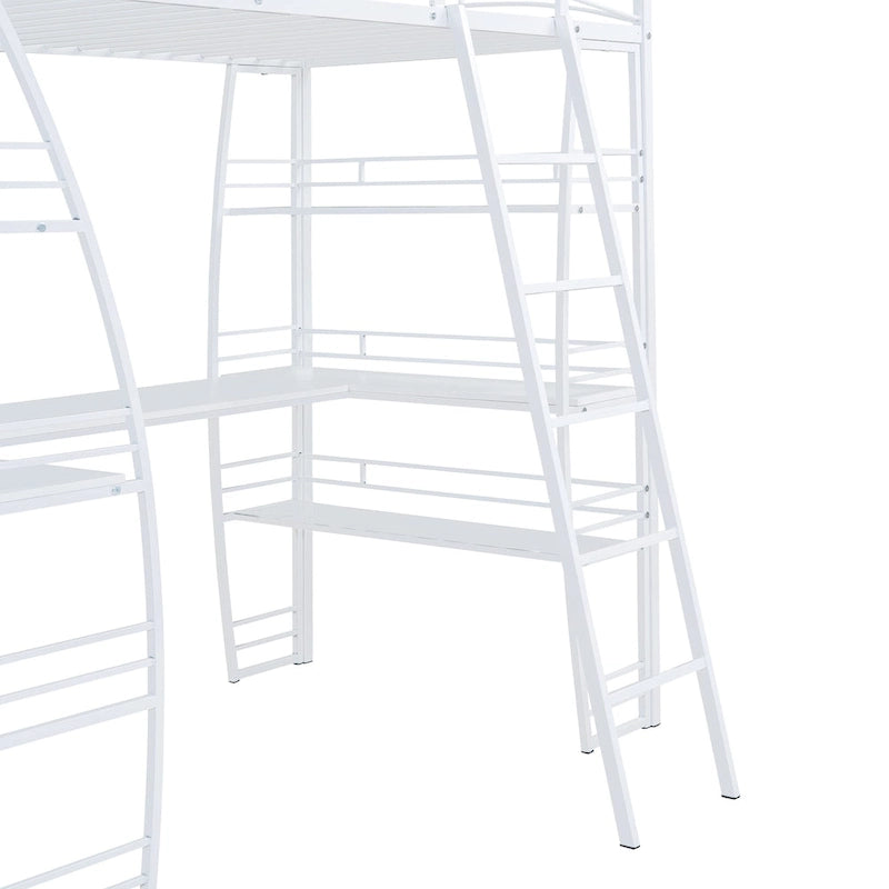 Metal Loft Bed with Shelves, L-Shaped Desk, Sockets, USB Ports, Wireless Charging