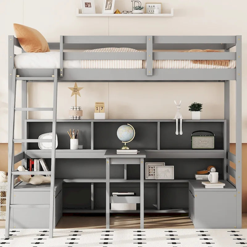 Twin House Bunk Bed with Shelves, Ladder, and Storage Drawers
