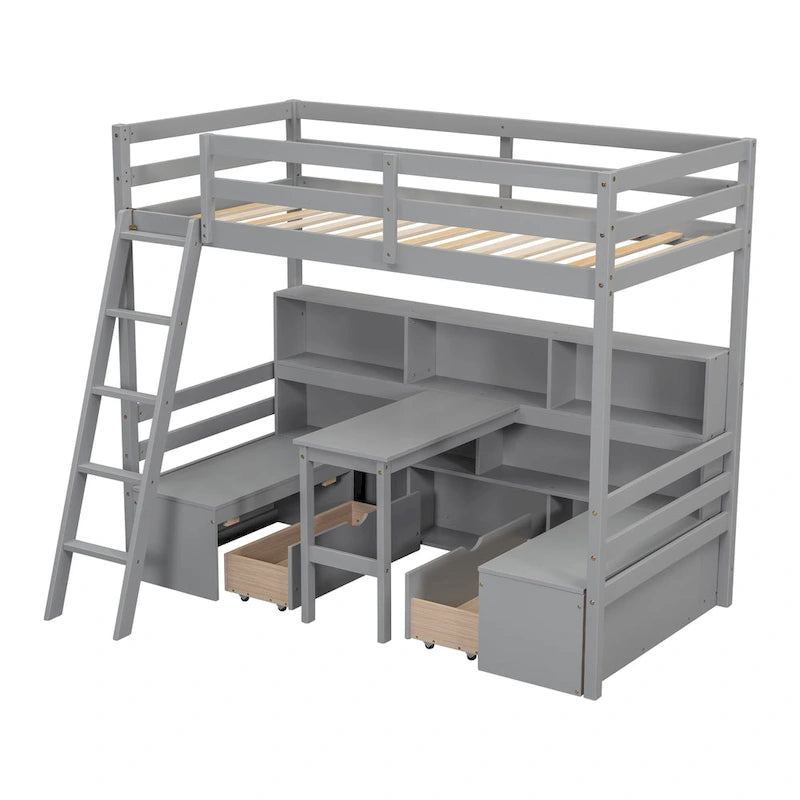 Twin House Bunk Bed with Shelves, Ladder, and Storage Drawers