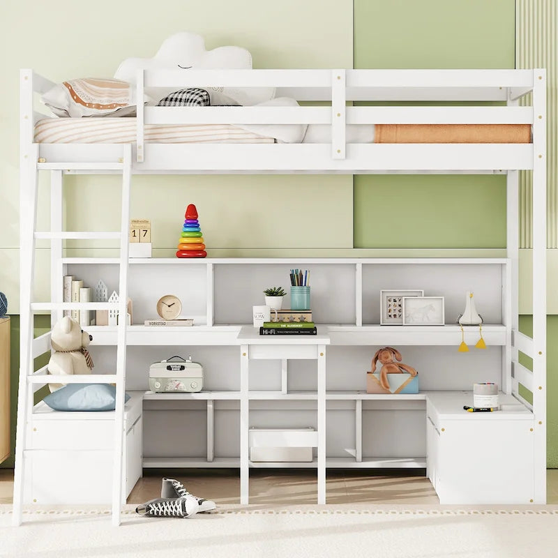 Twin House Bunk Bed with Shelves, Ladder, and Storage Drawers