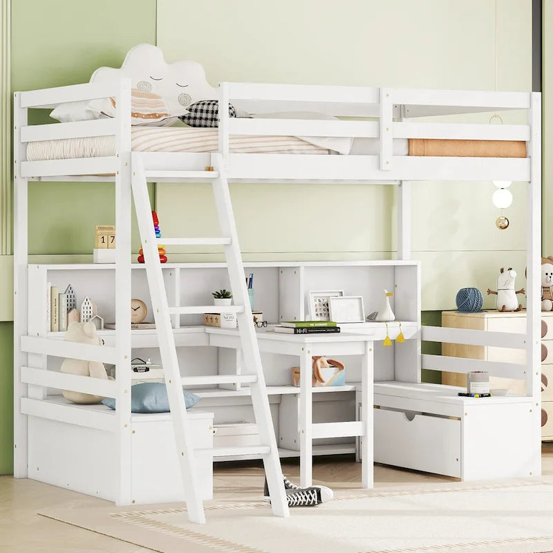 Twin House Bunk Bed with Shelves, Ladder, and Storage Drawers