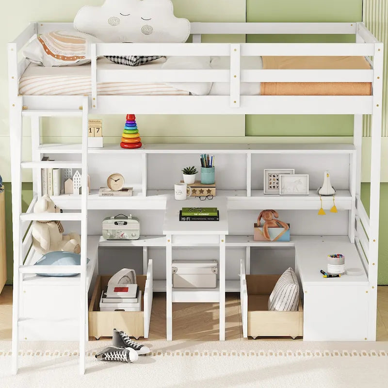 Twin House Bunk Bed with Shelves, Ladder, and Storage Drawers