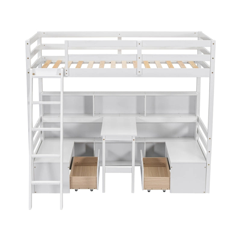 Twin House Bunk Bed with Shelves, Ladder, and Storage Drawers