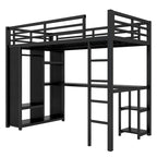 Black Twin XL Loft Bed with Built-in Wardrobe, Desk, and Storage Shelves, Space-Saving Design
